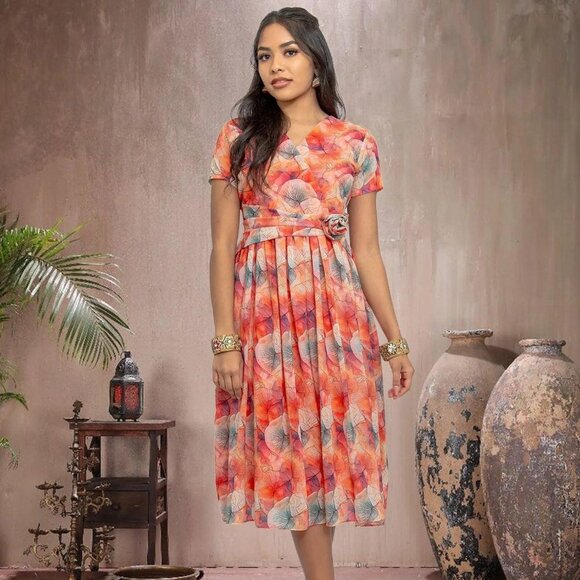 Red Printed Dress with Bow | Harmony Hues | Muvvas Boutique - Picture 4 of 5